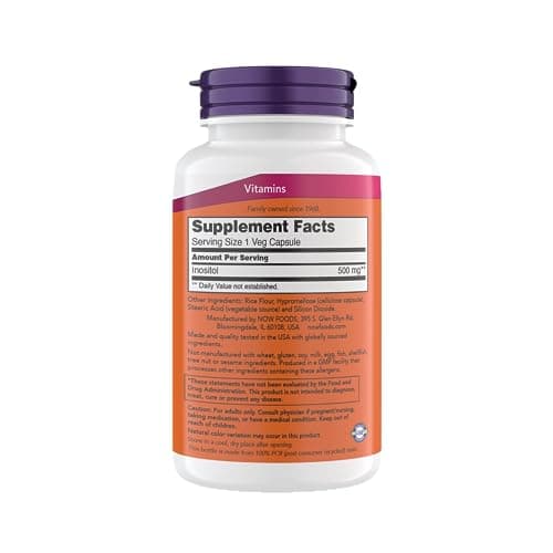 NOW Foods Inositol 500 mg, Superior Myo Inositol Form, for Healthy Membrane Function*, Cellular Health*, Support for Women* Kosher, Suitable for Vegans - 200 Vegetarian Capsules (Pack of 1)