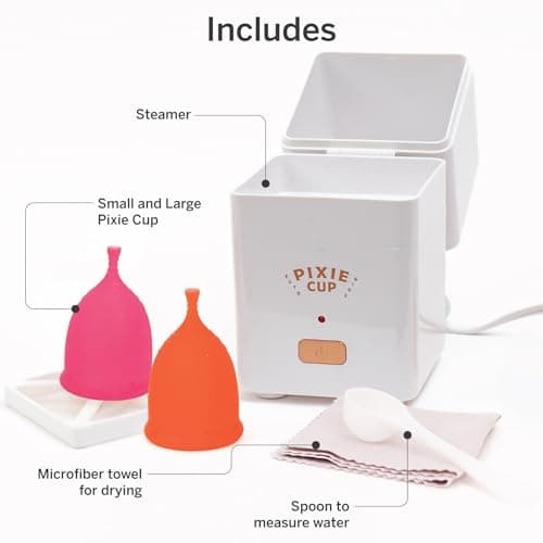 Pixie Menstrual Cups with Sterilizer - The Most Comfortable Soft Reusable Period Cup - Kills 99.9% of Germs with Clean Steam - Wash Your Cup in 3 Minutes! - Compact Sanitizer Kit for Feminine Care