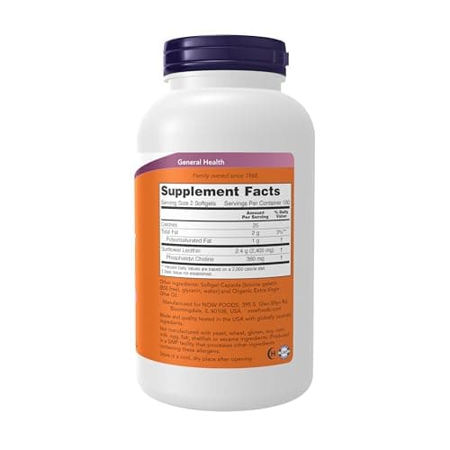 NOW Supplements, Sunflower Lecithin 1200 mg with Phosphatidyl Choline, 200 Softgels
