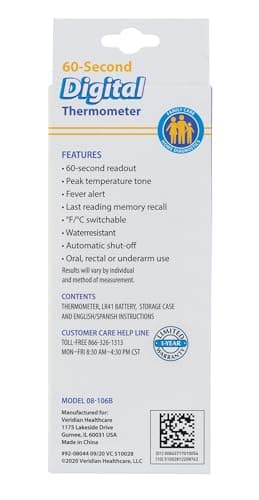 Veridian Digital Thermometer | 60-Second Readout | Fever Alert + Memory Recall| Clinical Rigid Tip | Hygienic Water-Resistant Easy Cleaning | Storage Case + Probe Covers Included