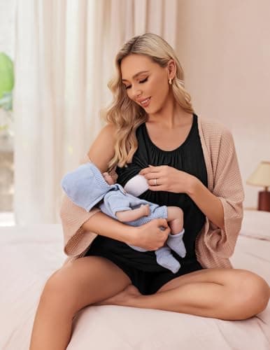 Ekouaer Women Postpartum Loungewear for Labor and Delivery Essentials Breastfeeding Pajamas 3 In 1 Pregnancy Pj Set Black XL