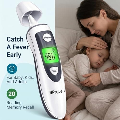 iProven Digital Thermometer for Adults Kids and Baby - Ear and Forehead 2-in-1, 1 Second Reading, Fever Alarm with Color Indicator, 20 Memory Recall - Medical Infrared Thermometer For The Whole Family