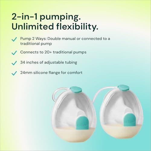 Willow Wave - Wearable Double Manual Breast Pump - Fits Fully in Bra - Ergonomic Handle - Wearable Breastfeeding Pump - Hospital Grade Suction - Postpartum Essentials - Holds 5oz per Cup