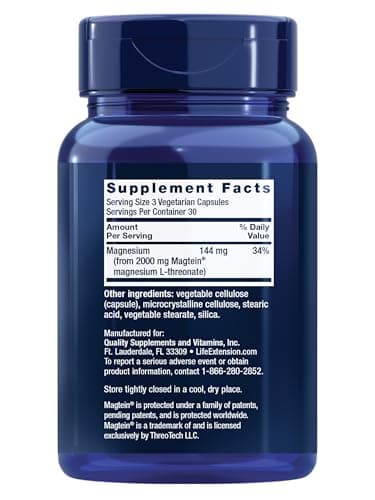 Life Extension Neuro-Mag Magnesium L-Threonate, Memory Health, Quick Thinking, Cognitive Health Support, Vegetarian, Non-GMO, 90 Vegetarian Capsules (144 mg from 2000 mg Magtein magnesium L-threonate