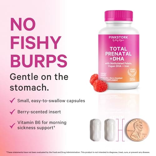 Pink Stork Total Prenatal Vitamins | Vegan DHA, Methylfolate, Iron, Choline, Vitamin B12 | No Fishy Burps | Support Fetal Development | Pregnancy Essentials | Clean Label Award | 60 Capsules, Berry