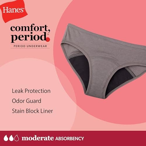 Hanes® Girl's Period Underwear, Comfort Period.™ Hipster Panty, Moderate Protection Period Panties, 4-Pack