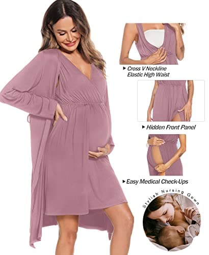 SWOMOG Womens Maternity Robe 2 Piece Nursing Nightgown for Breastfeeding 3 in 1 Labor Delivery Nursing Dress Birthing Bathrobe