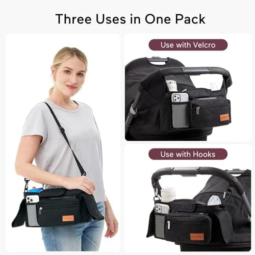 Momcozy Universal Stroller Organizer with Insulated Cup Holder Detachable Phone Bag & Shoulder Strap, Fits for Stroller Like Uppababy, Baby Jogger, Britax, BOB, Umbrella and Pet Stroller