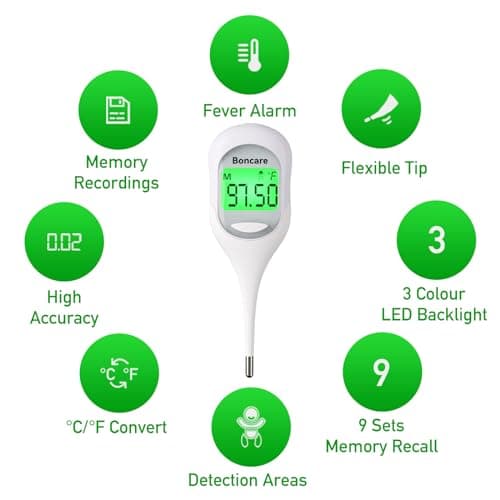 Boncare 9 Seconds Digital Basal Thermometer - Accurate Oral & Rectal Thermometer for Adults & Kids, Fever Alarm, Large Display (White)