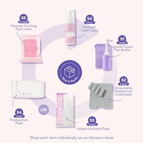 PurComfy 18 Pcs Postpartum Essentials Recovery Kit, Includes 5 Disposable Underwear, 24 Perineal Pad Liners, Perineal Care Foam, 5 Instant Ice Pads, Peri Bottle and 5 Postpartum Pads