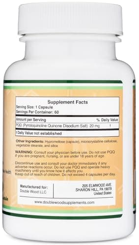 PQQ Supplement - 20mg, 60 Capsules (Pyrroloquinoline Quinone) Promotes Mitochondria ATP Coenzyme Levels, Energy Optimizer and Sleep Support (Non-GMO, Gluten Free, Vegan Safe) by Double Wood