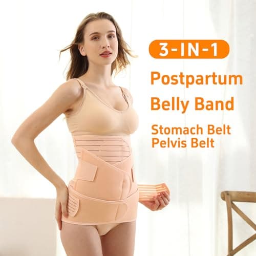 QFE 3 in 1 Postpartum Belly Band Post Partum Waist Trainer for Women Abdominal Binder Surgery C Section Recovery Must Haves Stomach Lower Belly Fat Wrap Girdle Belt Shapewear Csection Beige Large