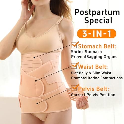 QFE 3 in 1 Postpartum Belly Band Post Partum Waist Trainer for Women Abdominal Binder Surgery C Section Recovery Must Haves Stomach Lower Belly Fat Wrap Girdle Belt Shapewear Csection Beige Large
