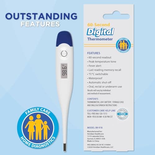 Veridian Healthcare Digital Thermometer | 60-Second Readout | Fever Alert + Memory Recall| Clinical Rigid Tip | Hygienic Water-Resistant Easy Cleaning | Storage Case + Probe Covers Included