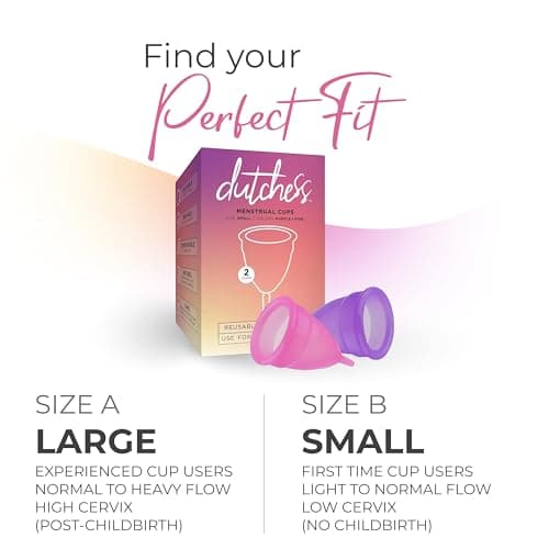 Dutchess Large Menstrual Period Cups for Women + Storage Pouch, Pack of 2 Pink & Purple Soft Medical-Grade Silicone Reusable Feminine Care Tampon & Pad Alternative, Easy to Clean - Camping, Sports