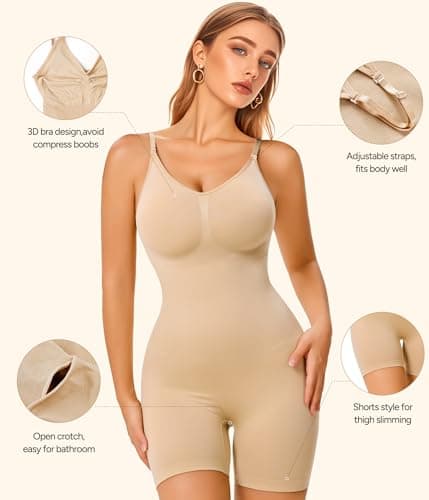 Irisnaya Women Slimming Bodysuits Shapewear Tops Tummy Control Body Shaper Spaghetti Strap Camisole Leotards Bodycon Jumpsuit (Beige Mid Thigh, Medium/Large)