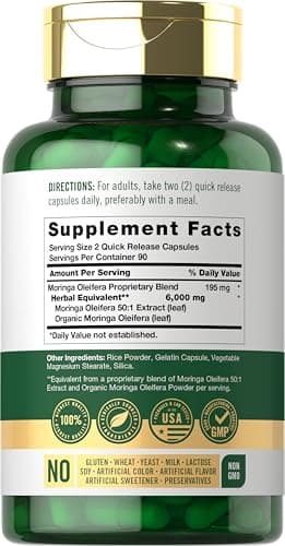 Carlyle Moringa Oleifera Supplement | 180 Capsules | Complete Green Superfood for Women and Men | Non-GMO and Gluten Free | from Moringa Leaf Powder