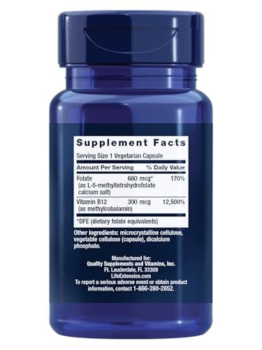 Life Extension BioActive Folate & Vitamin B12, Promotes Heart, Brain & GI Tract Health, Non-GMO, Gluten-Free, Vegetarian, 90 Capsules