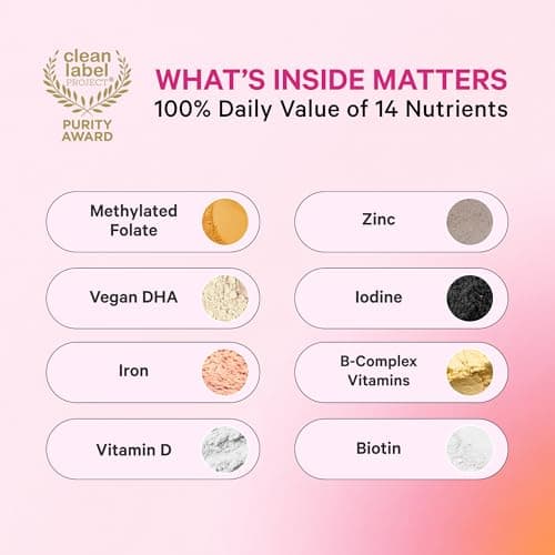 Pink Stork Total Prenatal Vitamins | Vegan DHA, Methylfolate, Iron, Choline, Vitamin B12 | No Fishy Burps | Support Fetal Development | Pregnancy Essentials | Clean Label Award | 60 Capsules, Berry
