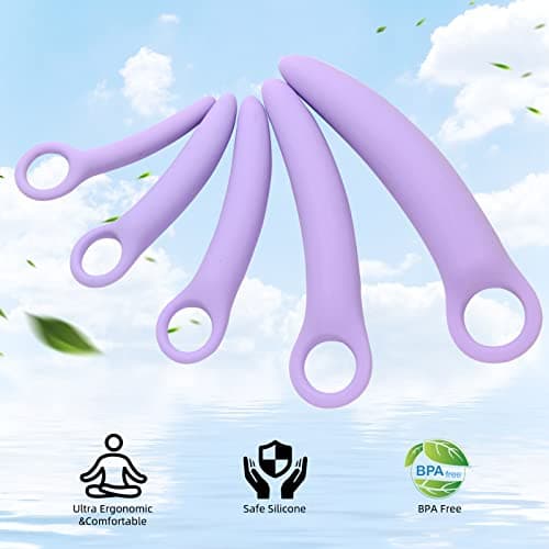 Qaveuny 5 Pack Silicone Pelvic Floor Muscle Dilator Trainer Set,Pelvic Wand Massager for Women,Pelvic Floor Strengthening Device - Purple (with Storage Bag)