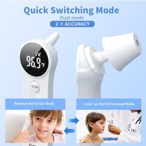 Boncare Ear and Forehead Thermometer, 2X Accuracy Infrared Digital Thermometer for Adults and Kids, 1 Second Reading, No Touch Baby with Fever Alarm