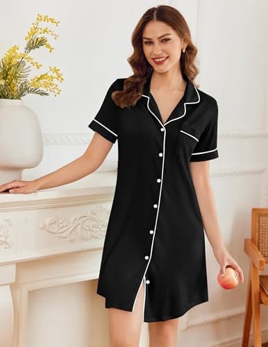 Ekouaer Nightgowns for Women Button Down Nightshirt Short Sleeve V Neck Sleepshirt Nursing Pajama Dress Black XL
