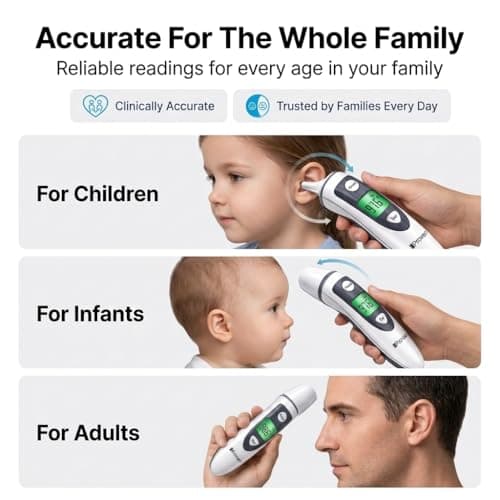 iProven Digital Thermometer for Adults Kids and Baby - Ear and Forehead 2-in-1, 1 Second Reading, Fever Alarm with Color Indicator, 20 Memory Recall - Medical Infrared Thermometer For The Whole Family