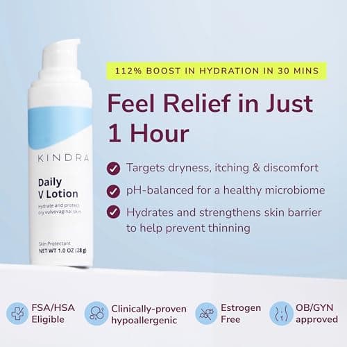 Kindra Daily V Vaginal Moisturizer Lotion - OBGYN Recommended for Dryness & Itch, with Hyaluronic Acid, Prevents Infection & Odor - Estrogen-Free Cream, pH-Balanced Feminine Care - 60 Applications
