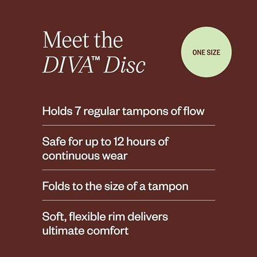 Diva Disc - Comfortable, Reusable Menstrual Disc with Leakproof Shield - for Up to 12 Hours of Continuous Wear - 100% Medical Grade Silicone - Holds 7 Tampons of Flow - One Size Fits Most