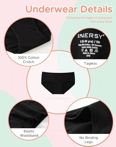 INNERSY Girls Cotton Underwear Teen Comfortable Panties Size 8-16 Briefs 6 Pack(12-14 Years, All Black)