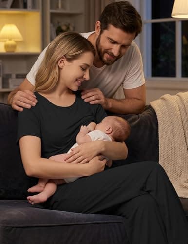 Ekouaer 3 Piece Postpartum Nursing Pajamas Set Short Sleeve Breastfeeding Shirts Pregnancy Shorts & Pants Maternity Pjs Black M