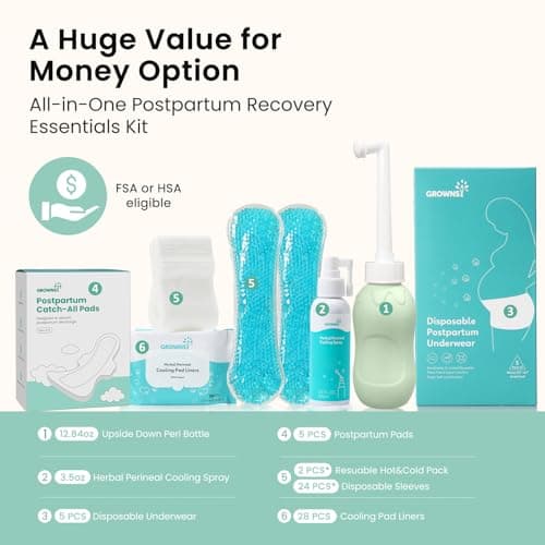 Grownsy 15pc Postpartum Essentials Recovery Kit | Postpartum Kit for Women | Includes 5 Postpartum Pads, 5 Disposable Underwear, 2 Ice Packs, Peri Bottle, Perineal Spray & 28 Cooling Pad Liners