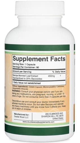 Bacopa Monnieri Capsules 20% Bacosides 450mg, 90 Count (Non-GMO, Gluten Free) Brahmi Extract (Memory Supplement for Brain Health, Focus, and Cognitive Function) by Double Wood