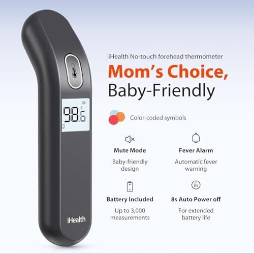 iHealth Touchless Thermometer for Adults and Kids, Color-Coded Alert & Silent Mode, 1-Second Accurate Fever Check, Portable for Home, Travel Use - PT2L Black