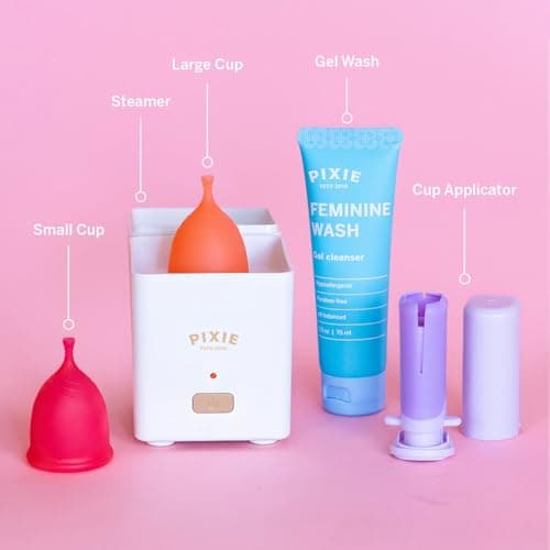 Pixie Menstrual Cup Collection - Inserts Like a Tampon™ - 2 Reusable Period Cups with Applicator, Sterilizer, Feminine Wash & Totes - All-in-One Easy Period Solution for Feminine Care