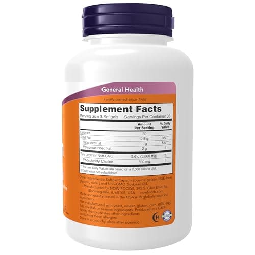 NOW Supplements, Lecithin 1200 mg with naturally occurring Phosphatidyl Choline, 100 Softgels