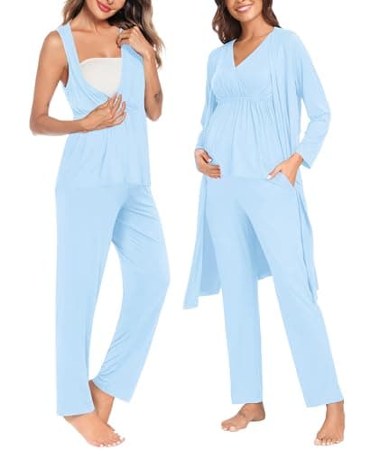 SWOMOG Maternity Nursing Robe Set 3 Piece Postpartum Breastfeeding Pajamas 3 in 1 Hospital Labor Delivery Pregnancy Pjs