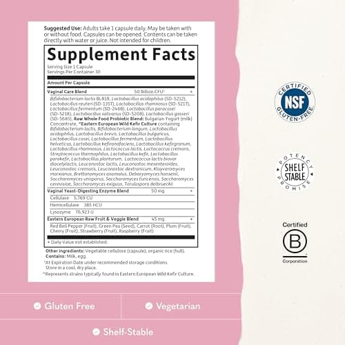 Garden of Life Raw Probiotics Vaginal Care - 50 Billion CFU - 38 Probiotic Strains - Supports Vaginal & Urinary Tract Health - Shelf Stable - 30 Vegetarian Capsules