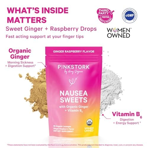 Pink Stork Organic Ginger Raspberry Sweets with Vitamin B6 for Morning Sickness and Motion Sickness, Added Ginger & Vitamin B6, 1st Trimester Pregnancy Must Haves - 30 Wrapped Candies