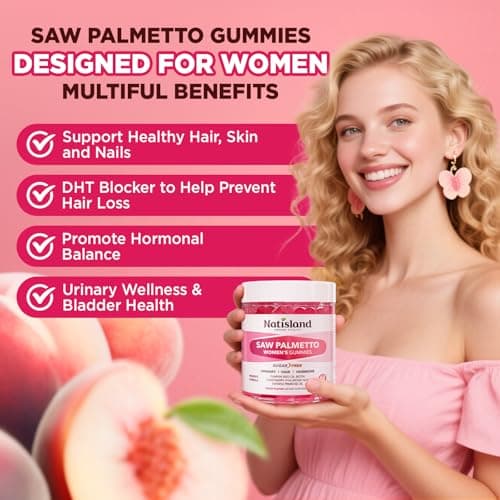 NATISLAND Saw Palmetto for Women Gummies, Organic Saw Palmetto with Pumpkin Seed Oil for Hair Growth, DHT Blocker & Urinary Health, Sugar Free, Vegan, Peach Flavor, 60 Chewable