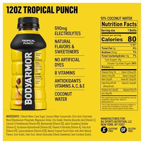 BODYARMOR Sports Drink, Tropical Punch, Electrolyte Drink Hydration, 12 Fl Oz Bottles (8 Pack), Flavored Coconut Water with B Vitamins & Antioxidants