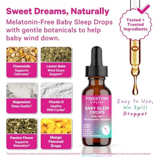 Pink Stork Baby Sleep Drops, Naturally Support Sleep Without Melatonin for Infants, Toddlers, and Kids, Chamomile and Magnesium, Baby Essentials for Bedtime, 1 oz, 30 Servings