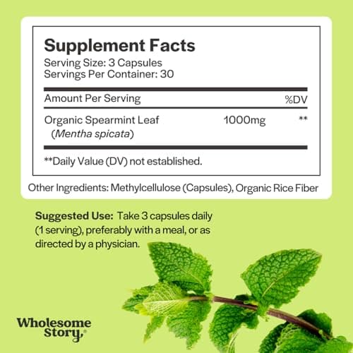 Wholesome Story Organic Spearmint Capsules Supplement | 1000mg Spearmint Leaf | 333.33mg Per Capsule | Supports Hormones, Digestion & Gut | Mentha Spicata | 30-Day Supply