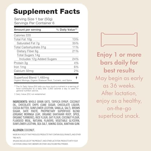 Boobie Superfood Oatmeal Chocolate Chip Cookie Lactation Bar for Breastfeeding Moms to Increase Milk Supply | #1 Selling Lactation Snack Bars | Vegan, Fenugreek-Free, Gluten-Free, Dairy-Free (12 Bars)