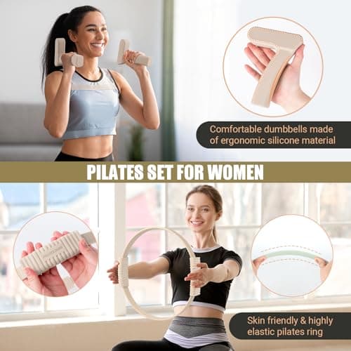 Paleclouds Pilates Ring Set, Pilates Essential Kit with Pilates Ring and Ball, 2.2lb *2 Ergonomic 7-Shaped Dumbbells, Portable Bag & Training Poster, at Home Workouts Pilates Sets for Women (Beige)