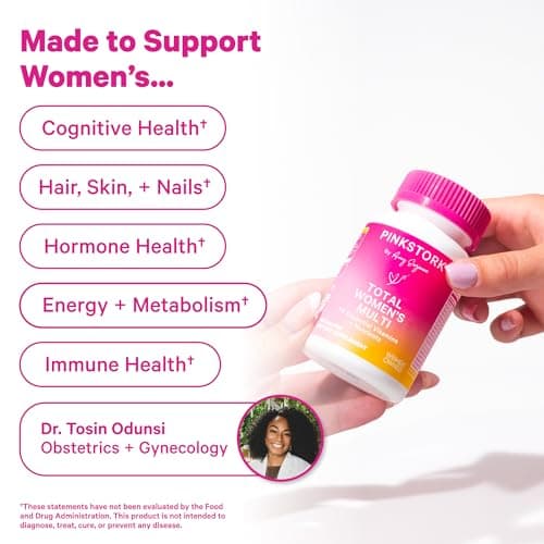 Pink Stork Total Women's Multivitamin - 19 Essential Vitamins for Women & Nutrients – Energy, Metabolism, Hormone, Immune & Mood Support – B6, B12, Biotin, Iron & Zinc – 30 Capsules