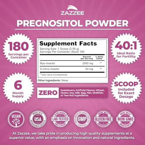 Zazzee PREGNOSITOL Powder, 6 Month Supply, Myo-Inositol and D-Chiro-Inositol 40:1 Fertility Blend, Free Scoop for Exact Dosage, Premium Balanced Formula, 180 Servings, Vegan, All-Natural and Non-GMO