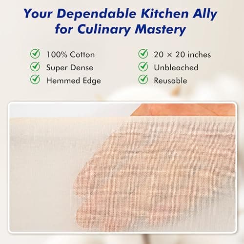 8 PCS Reusable Cheesecloth, Grade 100, 20x20 Inch Hemmed Cheese Cloth for Straining Craft, 100% Cotton Unbleached Cloth Strainer for Cooking, Baking, Juicing, Cheese Making