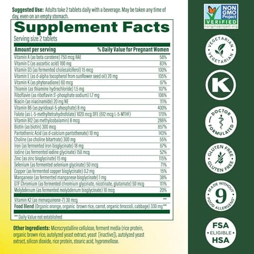 MegaFood Baby & Me 2 Prenatal Vitamin and Minerals - Vitamins for Women - with Folate (Folic Acid Natural Form), Choline, Iron, Iodine, and Vitamin C, Vitamin D and more - 120 Tabs (60 Servings)