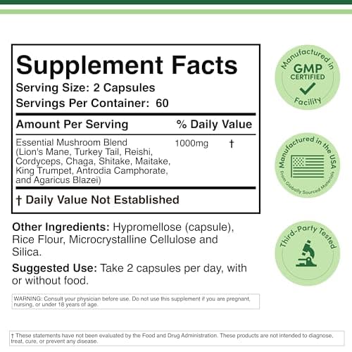 Double Wood Supplements Mushroom Complex Supplement - 1,000mg - 10 Most Essential Mushrooms (Lion's Mane, Reishi, Cordyceps, and More), 120 Capsules